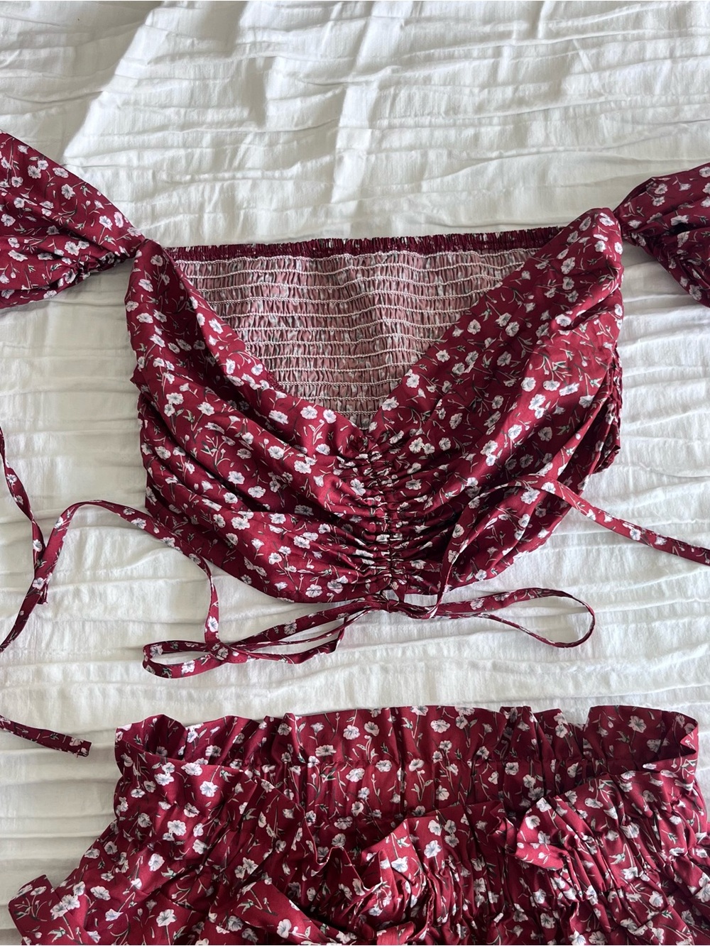Floral Ruffled Mini Skirt in Burgundy - Picture 2 of 4